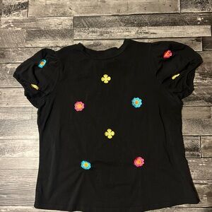 Black T-Shirt with Colorful Floral Embroidery
